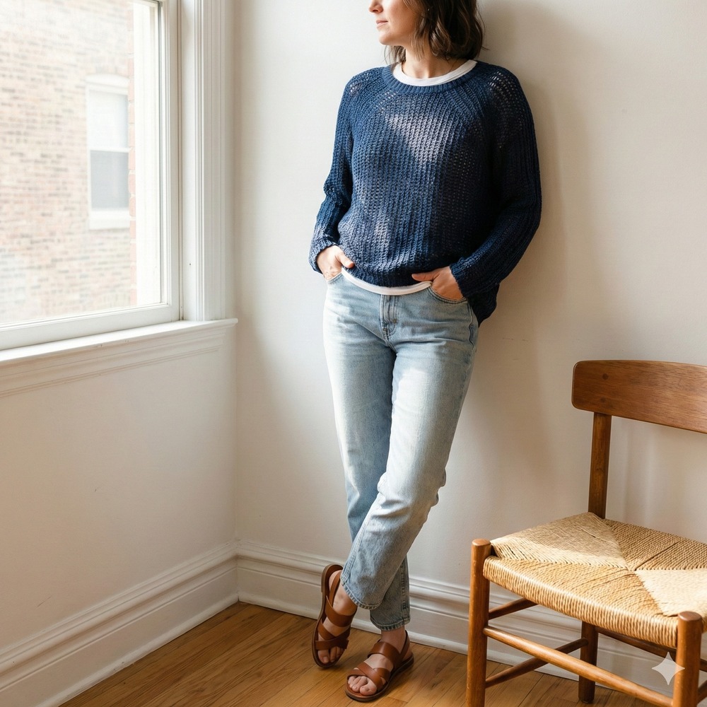 J. Crew Navy Blue Open Knit Crewneck Sweater